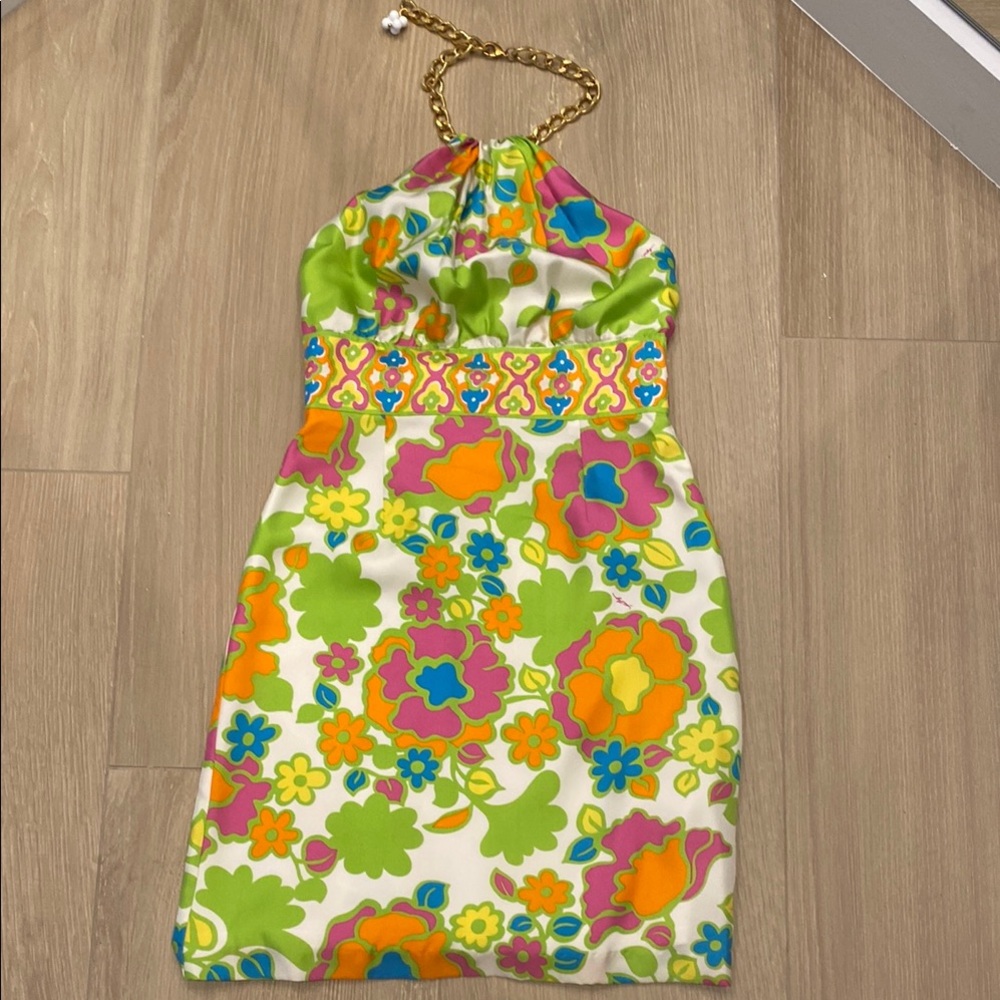 Colorful Floral Halter Dress with Gold Chain